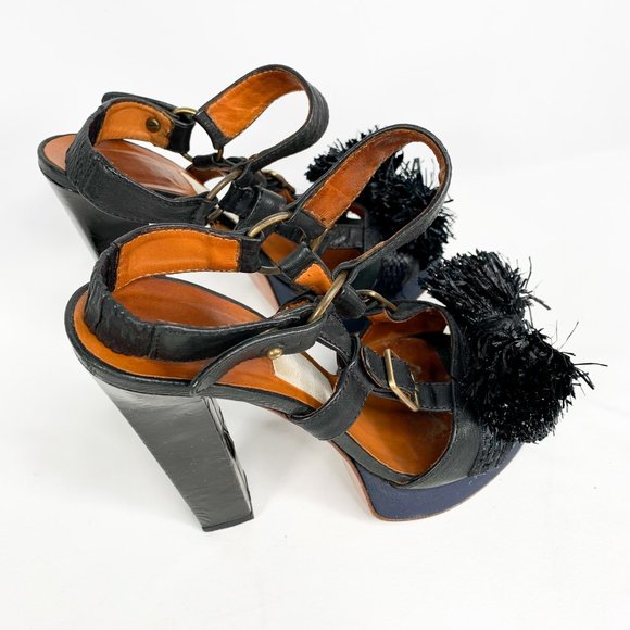 LANVIN Black Lametta Peep Toe Buckle Sandal Pumps - Picture 2 of 11